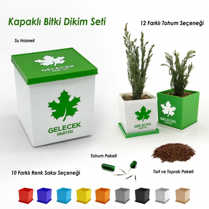 Gelecek Partisi Logolu Kapaklı Kare Bitki Dikim Seti